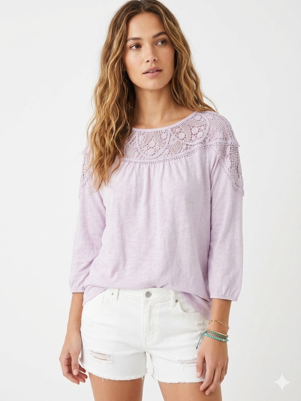 J. Jill Lavender Lace Crochet 3/4 Sleeve Top